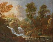 unknow artist, Landschap figuur op een brug bij een waterval